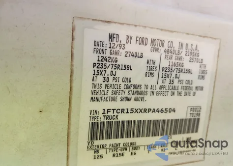 1994 Ford Ranger Super Cab from USA, damaged, VIN 1FTCR15XXRPA46504